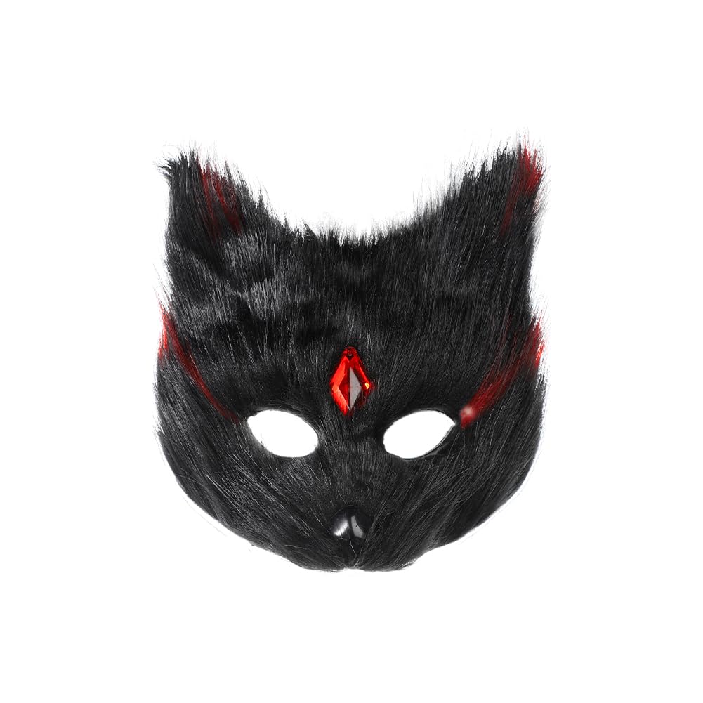 Halloween Furry Fox Mask Fancy Dress Half Face Cat Mask with Rhinestone Cosplay Costume Accessory Animal Theme Party Eyewear Medieval Carnival Makeup Dress Up Face Props for Masquerade Rave Easter
