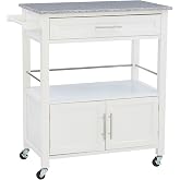 Linon Kyler White Granite Topped Kitchen Cart with Lockable Casters and Hidden Storage Spaces