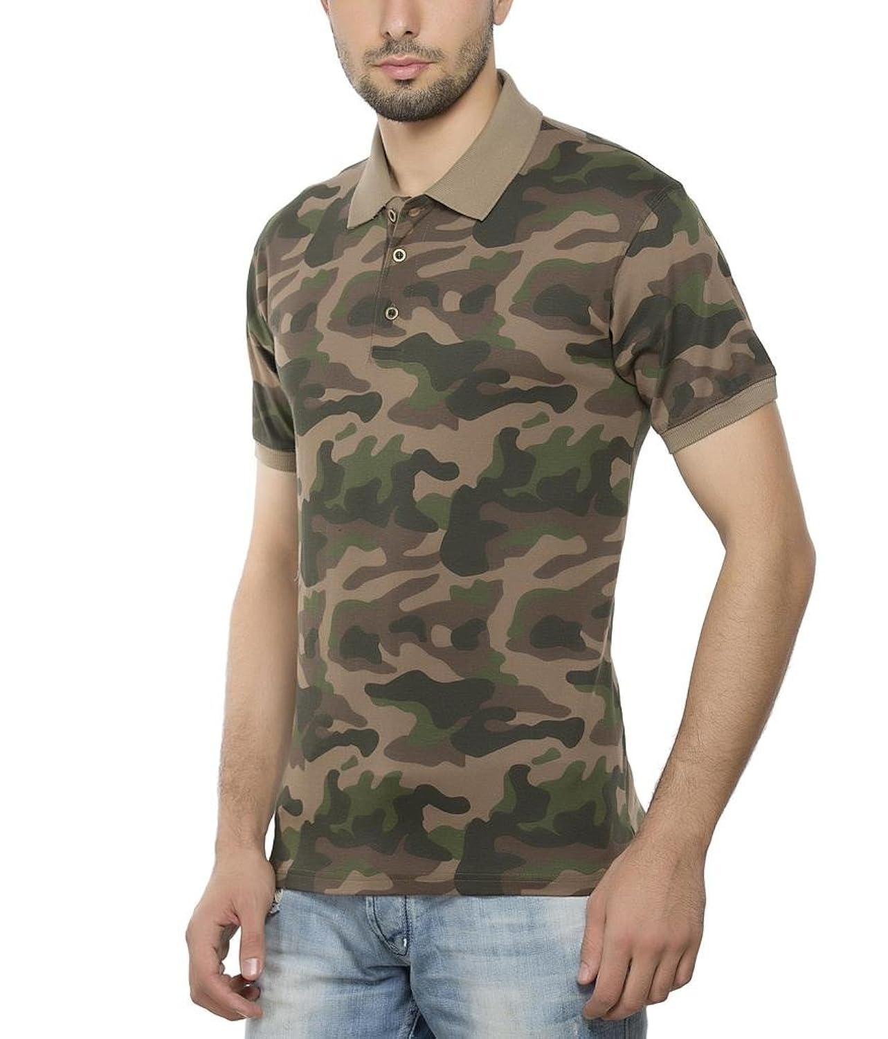 clifton men's cotton army printed half sleeve collar polo t-shirt