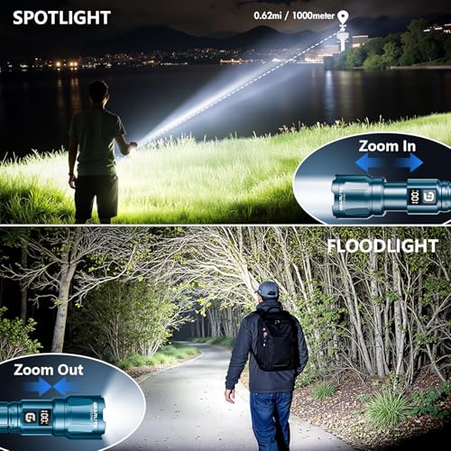 GEARLITE LED Rechargeable Torch, 3 Light Modes, 6000 L, Super Bright Zoomable Torches with LCD Battery Display, IP65 Waterproof & XHP70.2 Tactical Torch for Camping, Fishing, Emergencies (2, Blue)