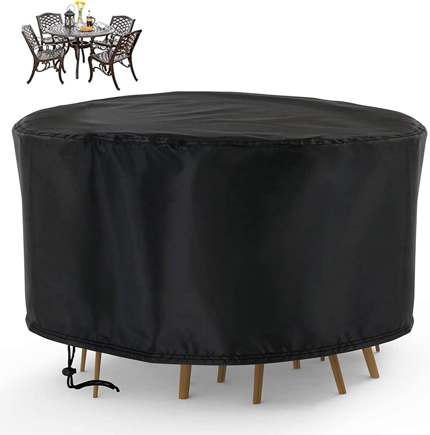 Iptienda Round Patio Table Cover Ø185x110cm, Garden Furniture Cover All-Weather Waterproof with Bottom Drawstring, Outdoor Dining Table Covers for Medium Round Tables-Black(4 Seat)