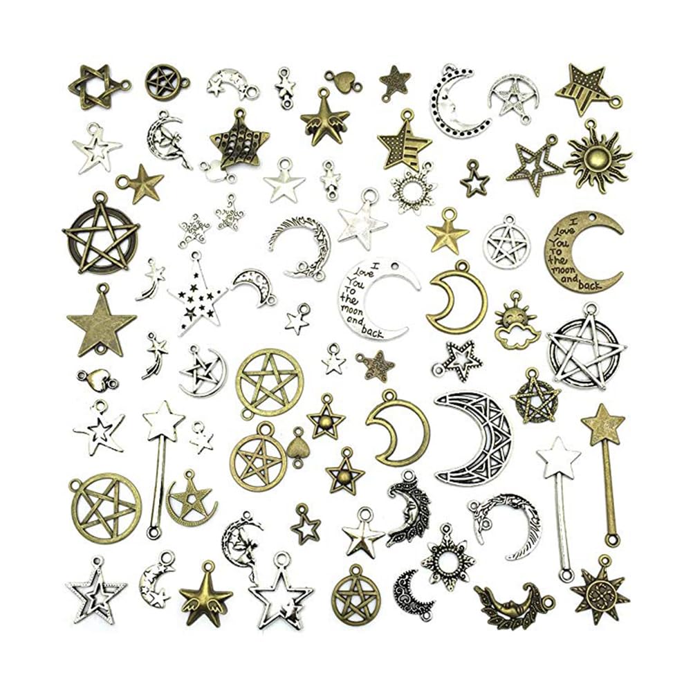 Artibetter 74Pcs Diy Jewelry Accessories Set Celestial Star Moon Charms Pendants Bronze Tone for Necklace Bracelet Crafting and Making