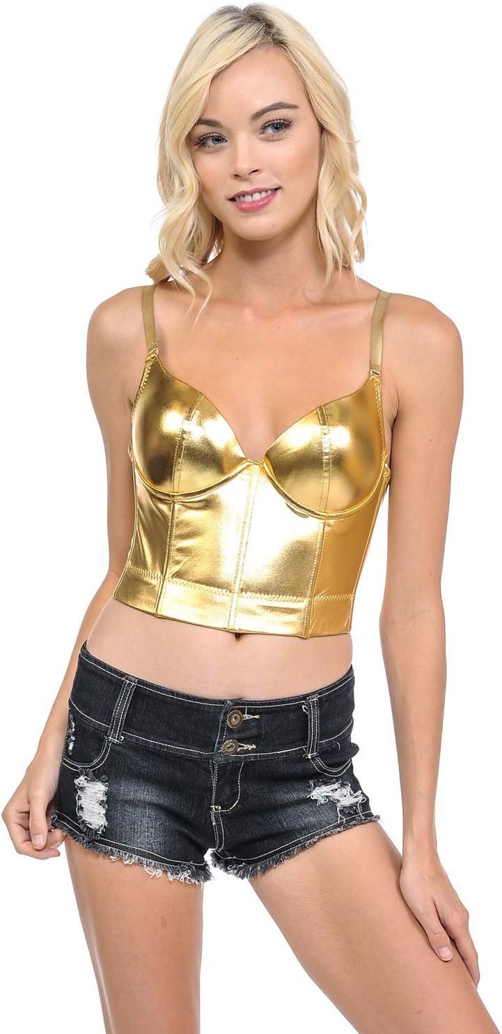 Sexy Love Line Stretch Metallic Shiny Crop Top with Hook Eye Closures Back (L-3700)