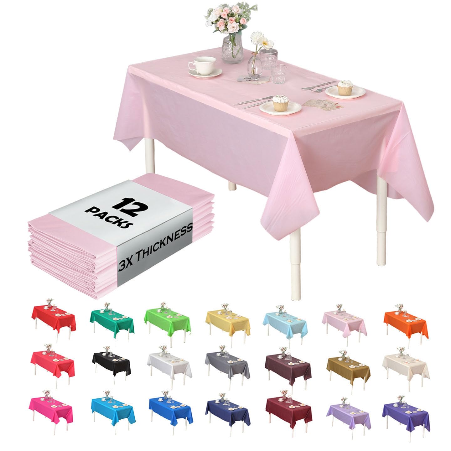 Photo 1 of Evershine 3X Thicker Heavy Duty Plastic Table Covers Rectangle Tablecloth, Disposable Tablecloth 12 Pack Rectangle 54" X 108" Pink