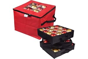 ProPik Christmas Ornament Storage Box, Organizer Holds Up to 48 Xmas Balls with 3 Separate Removable Trays, Container has Dividers to Organize Holiday Tree Ornaments (Red)
