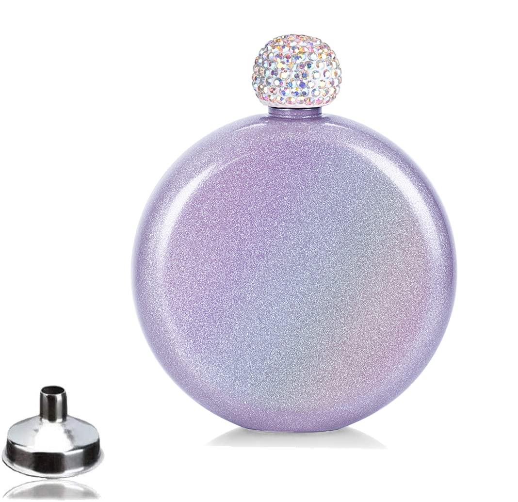 Stainless Steel Hip Flask for Lady,Cute Whiskey Flasks with Glitter Coating,Portable Alcohol Flask for Club Party and Evening,Capacity 5 oz (Violet)