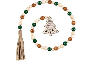 JOYMEMO Sage Green Christmas Wood Bead Garland with Tassels, Natural Wooden Beads Strands for Xmas Winter Holiday New Year Party, Wall Tree Home Hanging Ornaments Decorations Supplies Outdoor Indoor