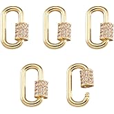 FASHEWELRY 5Pcs Brass Cubic Zirconia Screw Carabiner Lock Charms Oval Necklace Link Connector Charms Real 18K Gold Plated for DIY Jewelry Making
