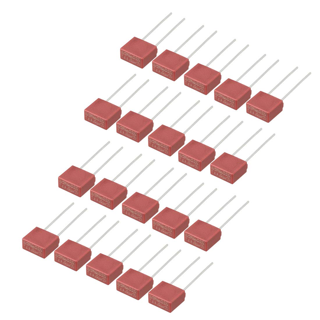 sourcing map 20Pcs DIP Mounted Miniature Square Slow Blow Micro Fuse T4A 4A 250V Red