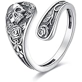 YAFEINI Skull Spoon Ring 925 Sterling Silver Gothic Adjustable Skull Rose Flower Statement Ring Vintage Victorian Jewelry for Women