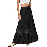 LYANER Women's Ruffle Tiered Long Skirt Elastic High Waist Pleated Lace Trim A-line Boho Maxi Skirts