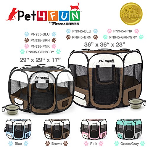 PicassoTiles PET4FUN PN935/PN945 Portable Pet Puppy Dog Cat Playpen Crates Kennel w/Water Resistant 600D Oxford, 210D Nylon, Carrying Bag, Collapsible Bowl, Removable Mesh Cover 2 Sizes