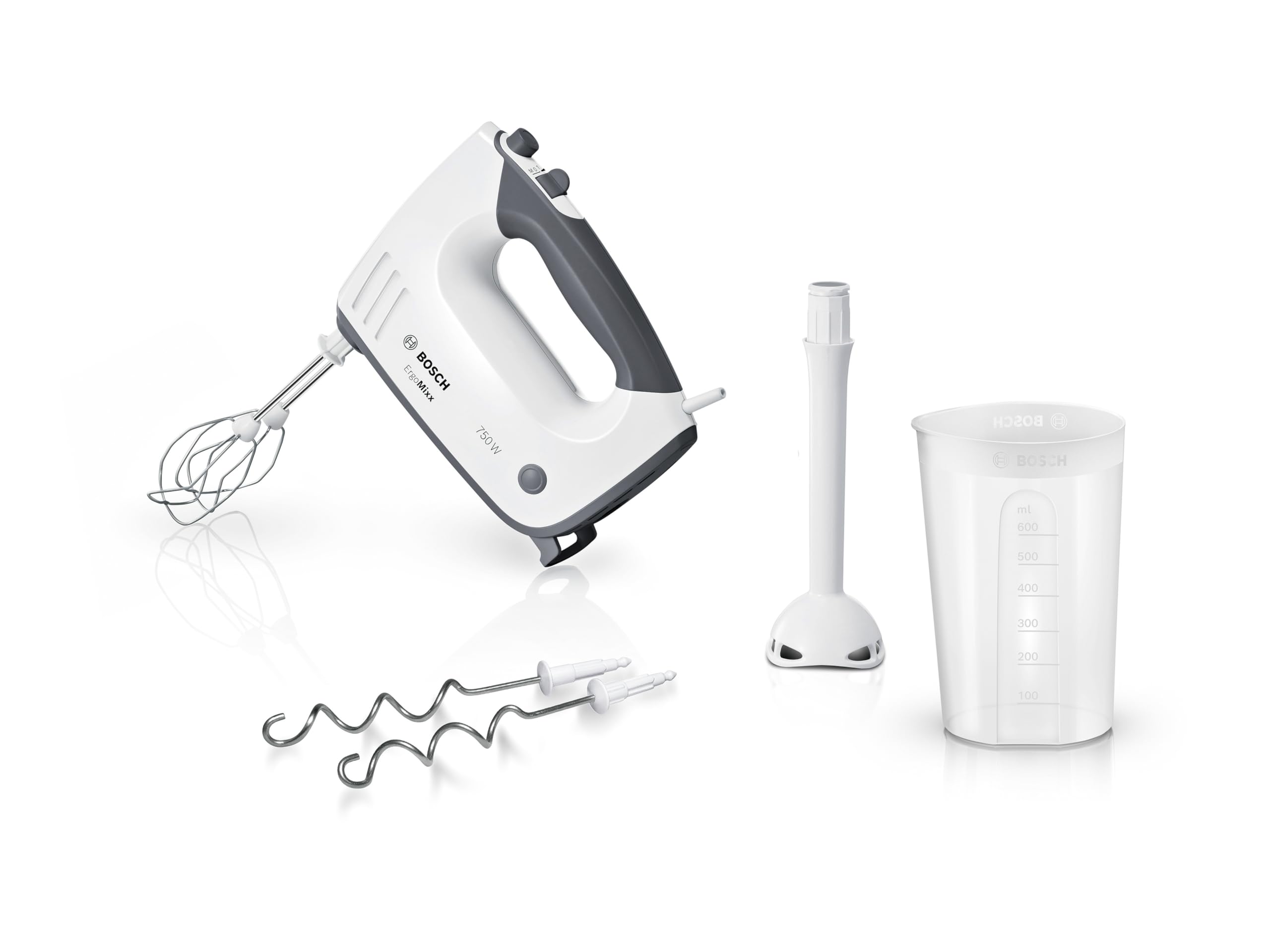 Bosch Handrührgerät, mit Pürierstab, Mixbecher, Edelstahl Rührer, Knethaken, spülmaschinenfest, 5 Stufen plus Turbotaste, weiß/grau, 750 W, ErgoMixx MFQ37470