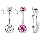 TIANCI FBYJS 3pcs G23 Titanium Pink Belly Button Rings Internally Threaded 10mm Clicker Reverse Curved Hoop Navel Barbell Piercing Jewelry CZ Belly Rings for Women Men