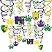 Supla 30 Pcs Mardi Gras Hanging Swirl Decorations Party Swirls Hanging Steamers Foil Hanging Ceiling Décor Swirl Streamers with Crown Mask Cutouts for Mardi Gras Party Supplies Photo Booth Backdrop