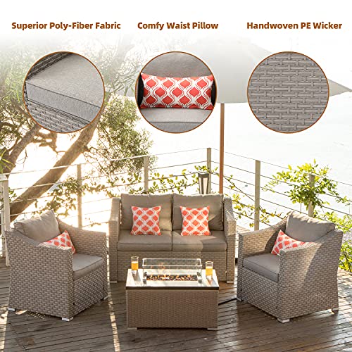 COSIEST 5Piece Fire Pit Table Outdoor Furniture, Warm Gray Wicker