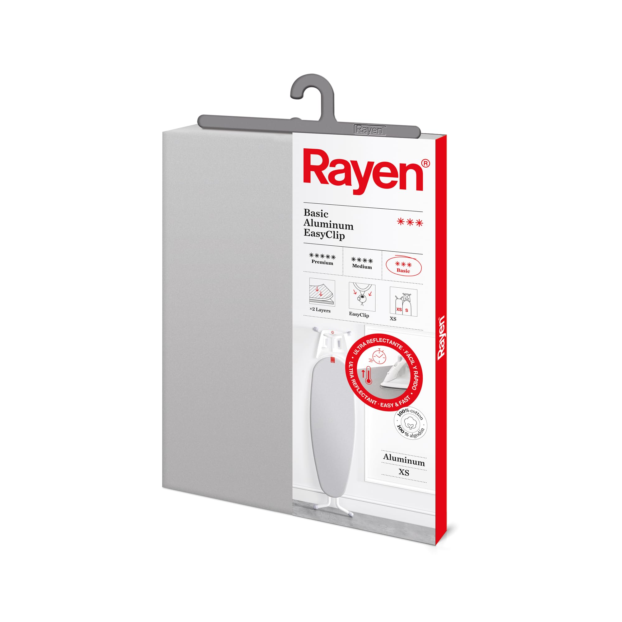 Rayen | Universal Ironing Board Cover | EasyClip Fit Ironing Cover | 2 layers: 100% Cotton Foam and Fabric | Aluminum Quality | Basic Range | Size: 115 x 38 cm | Grey