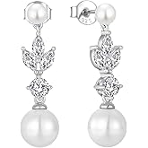 FATACI Pearl Earrings 925 Sterling Silver 4MM Freshwater and 8MM Pearl Leaf Dangle & Drop Earrings with 5A Cubic Zirconia for Wedding Proms Birthday Jewerly Gifts for Women