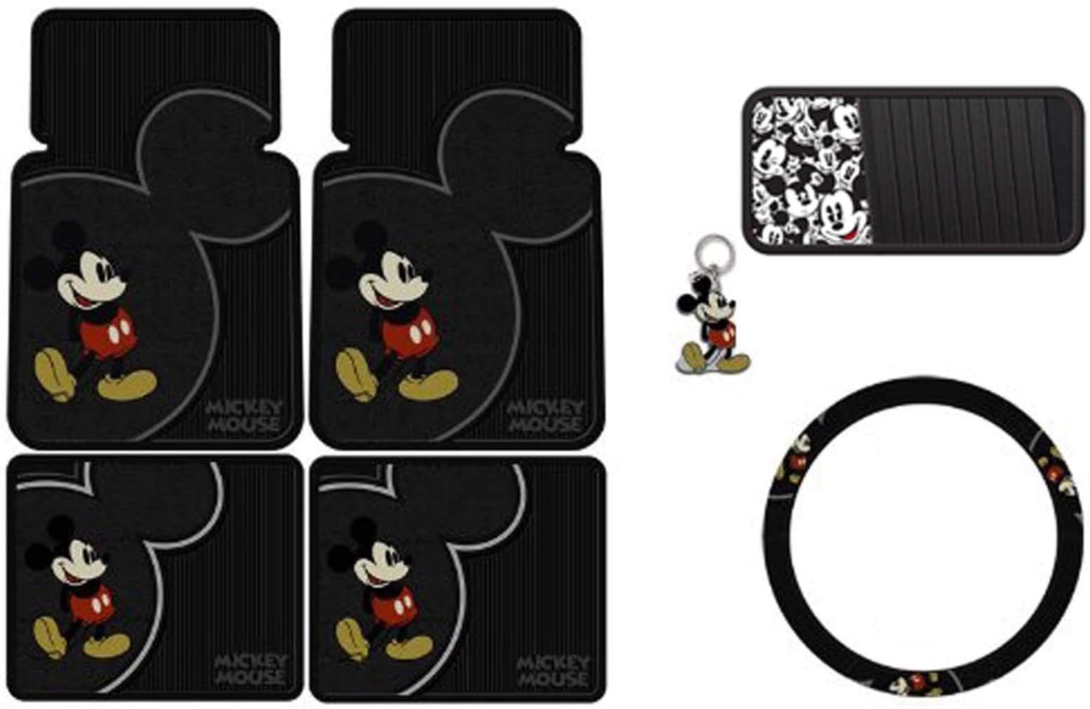 Mickey Mouse Vintage Front & Rear Car Truck SUV Seat Rubber Floor Mats & Steering Wheel Cover & CD Visor & Key Chain - 7PC