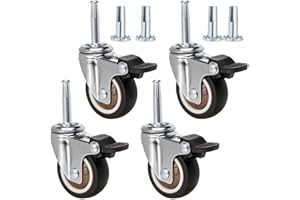 JGJC 2" Non-Marring Rubber Caster Wheels 4-Pack | 5/16" × 1-1/2" (8×38mm) Grip Neck with Sleeve Plugs | Heavy Duty Casters with Brake Set of 4 for Wood Furniture Legs, Tables, Benches | Floor Friendly