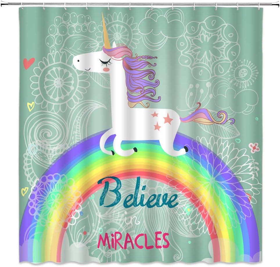 Amazon Com Kids Unicorn Shower Curtain Magic Horse Rainbow Belive Mircles Cartoon Animal Flower Colorful Baby Kids Girls Fantasy Bathroom Curtain Decor Polyester Fabric Quick Drying 70x70 Inches Include Hooks Home Kitchen