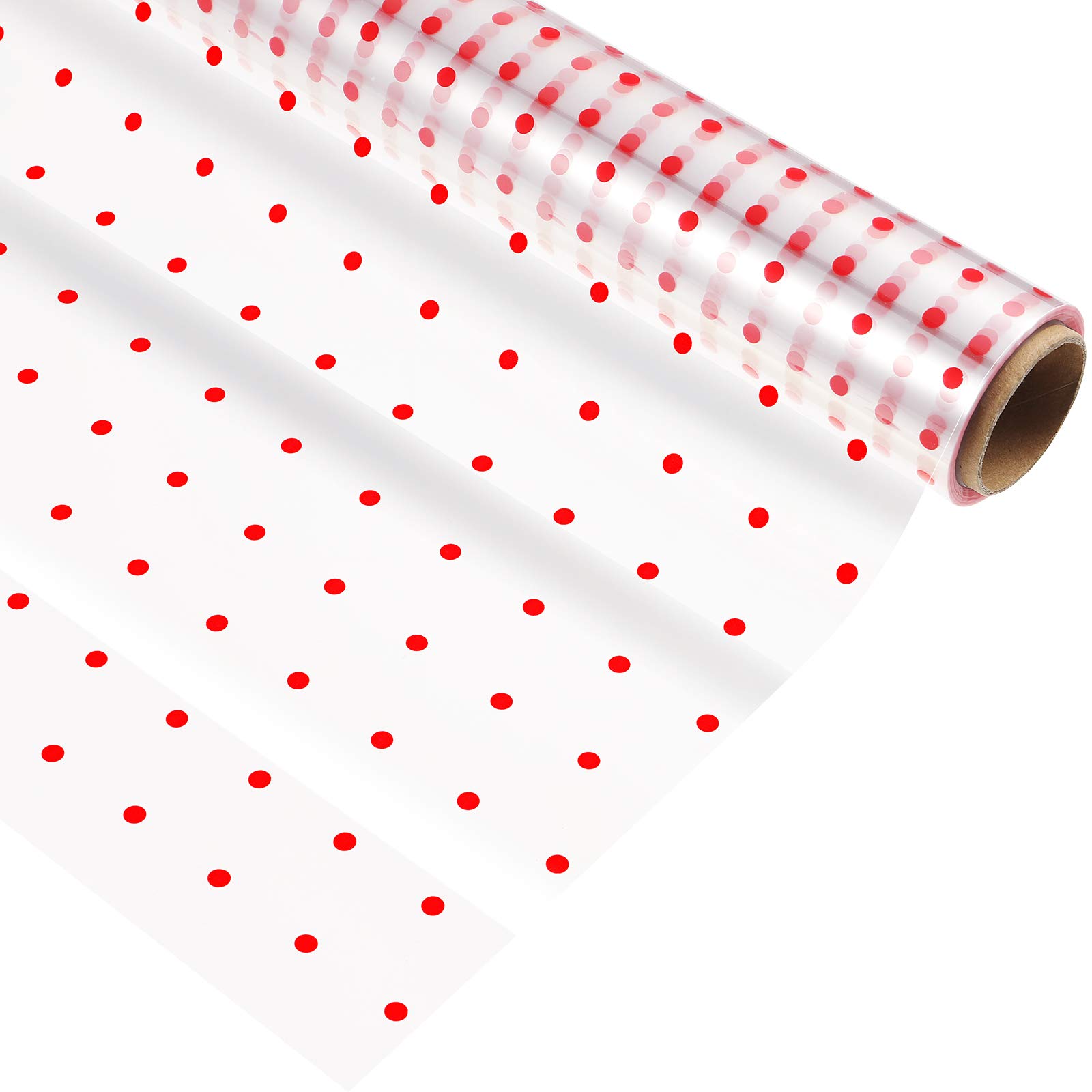STOBOK Cellophane Wrap Roll | Red Dot Wrappings Paper 40CM x 30M,2.5 Mil Thicken Transparent Long Film Wrappings Packing Paper for Hampers Flowers Craft Basket Food