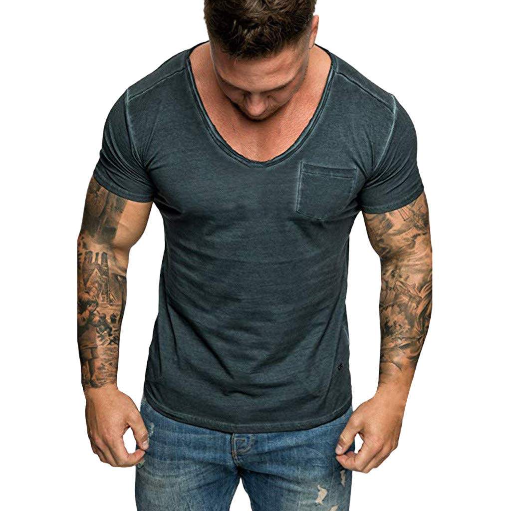 LEXUPA Mens t Shirts Fashion Mens Summer Slim Casual Pocket V-Neck Fit Short Sleeve Top Blouse