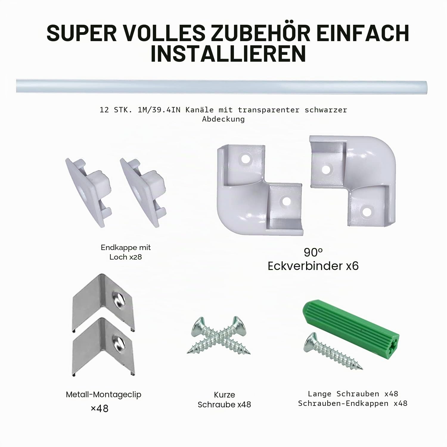 SENXINGYAN LED Aluminium Profil 1m, 12 Pack V-Form LED Profil/LED-Kanäle mit Milchig Weißer Abdeckung, LED-Diffusoren mit Endkappen, Montageclips und Eckverbindern 2