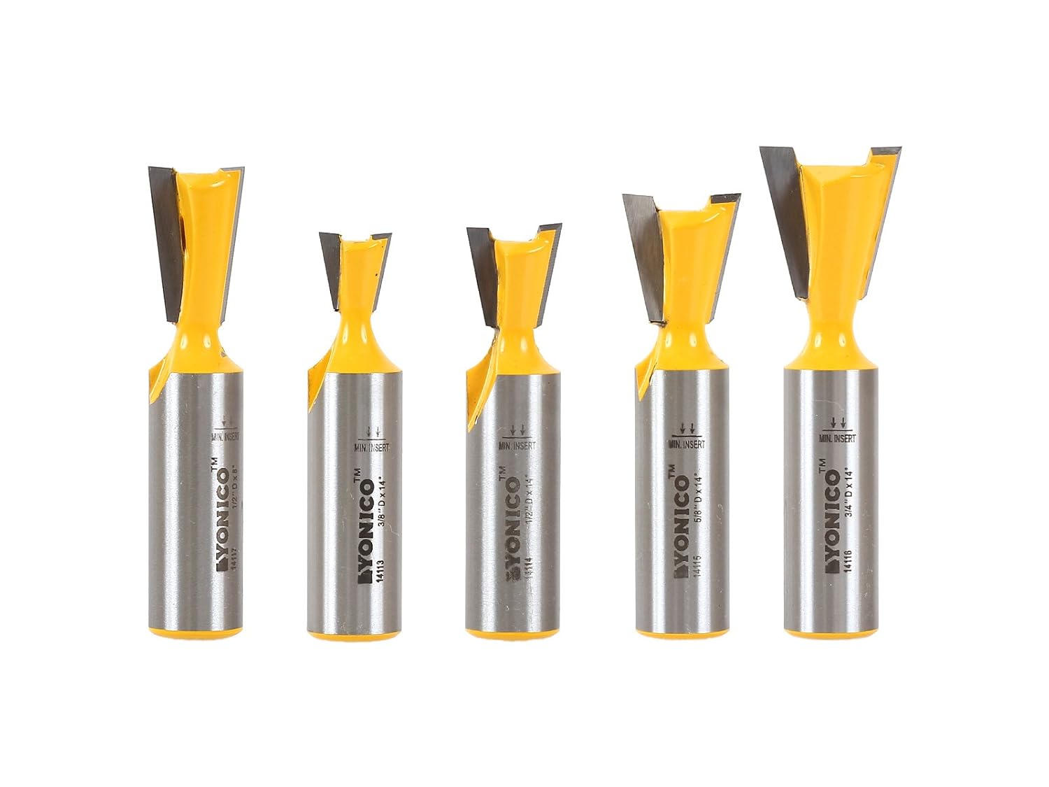 Yonico 14520 5 Bit Dovetail Router Bit Set, Dovetail Angles 8° and 14
