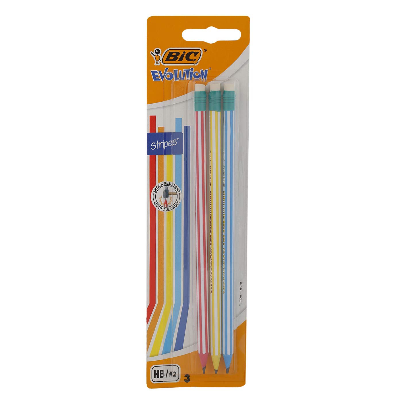 BIC Evolution Stripes HB Graphite Pencils with Eraser 3 Pack