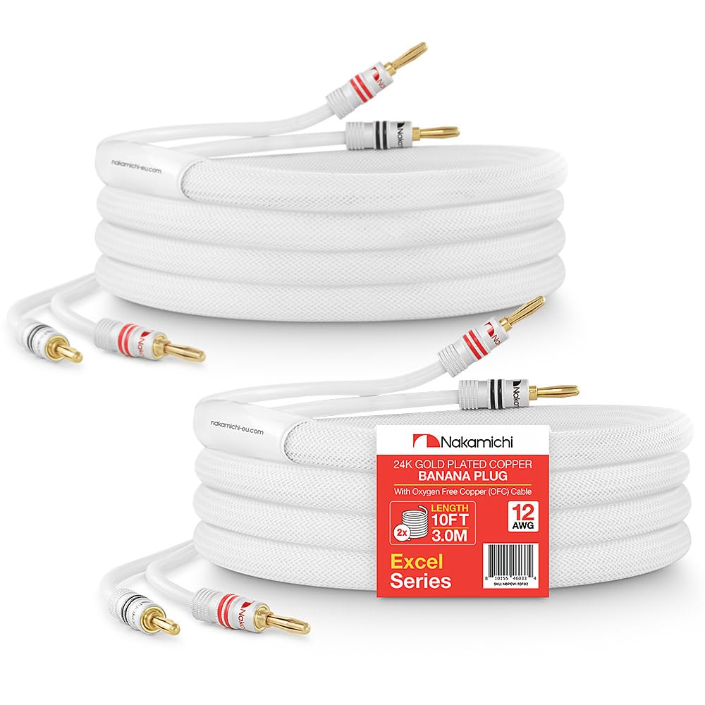 Nakamichi Excel Series 24k Gold Plated Banana Plug with (10 Feet) Speaker Cable Wire 99.9% Oxygen-Free Copper (OFC) Heavy Duty Braided In-Wall CL2 Rated - White (12AWG / 10ft / 3.0m) 2-Pack