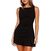 OZICERD Women Boat Neck Bodycon Mini Dresses Going Out Dress Ruffle Mesh Sleeveless Short Elegant Club Cocktail Party Dress