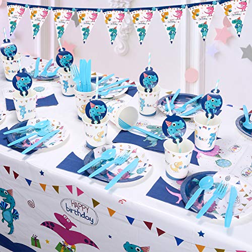 Airich Gebutstag Party Set, 142 Stück Dinosaurier Party Supplies Set Geschirr Set Teller, Tassen, Servietten, Tischdecke… – Bild 6