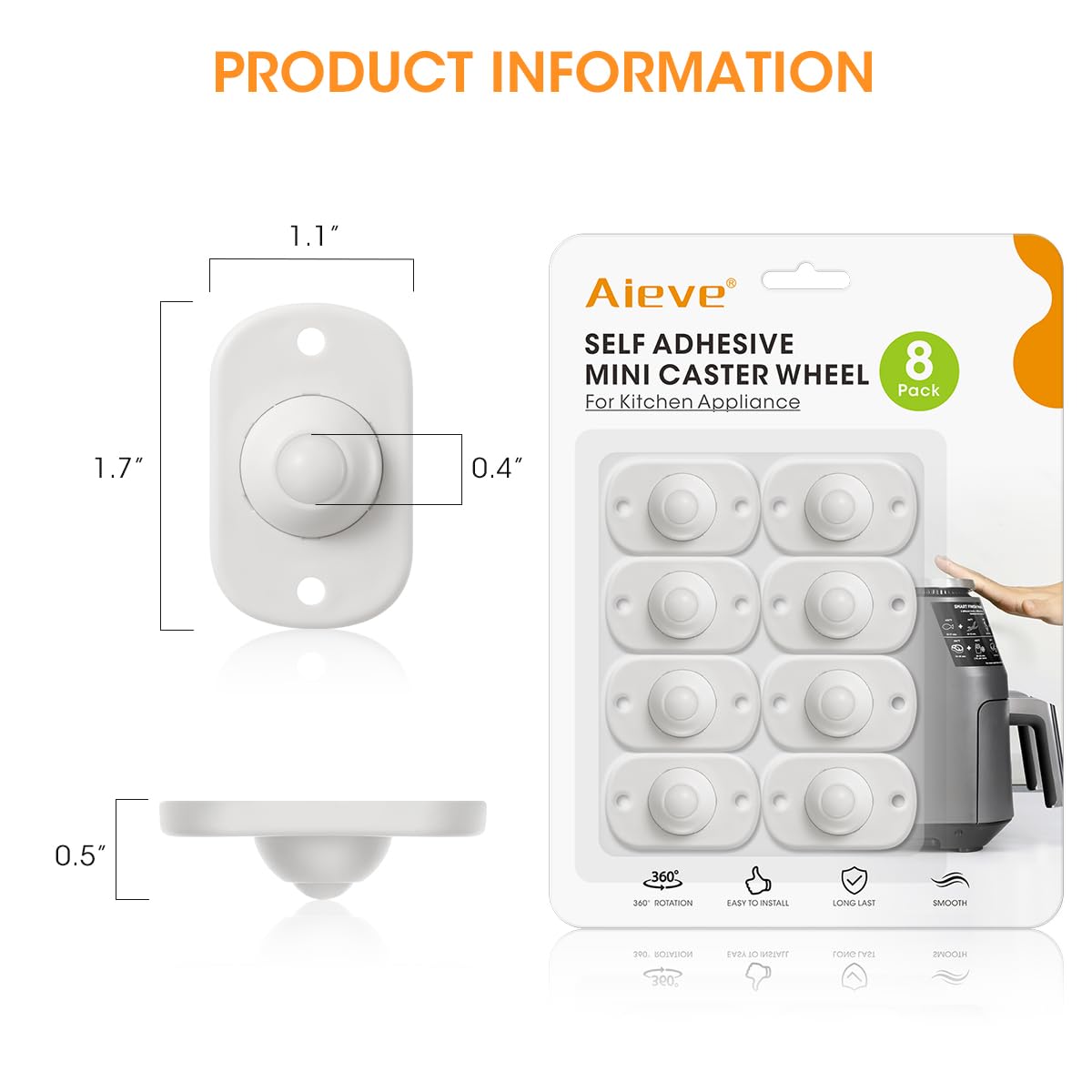 Aieve Self Adhesive Caster Wheels, 8 Pack Appliance Rollers for Kitchen Appliances, Small Appliance Wheels, Mini Swivel Wheels for Countertop