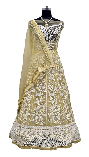 Womens Net Beige Semi-Stitched Lehenga Choli