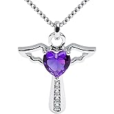 Ckysee Silver Plated Angel Birthstone Necklace,Cubic Zirconia Cross Necklace for Women,First Communion Baptism Gifts