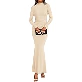 dowerme Spring Dresses for Women 2026 Formal Mock Neck Long Sleeve Ruched Knit Bodycon Mermaid Maxi Wedding Guest Dress