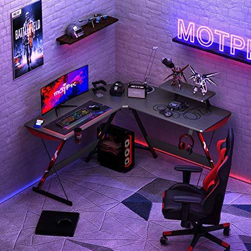 MOTPK L Shaped Gaming Desk 51" L Shaped Desk, Real Carbon Fiber Coated, Gaming Desk Table with Large Monitor Riser Stand for Home Office, Sturdy Writing Workstation, Gaming Desk with Shelf, Black - Image 2
