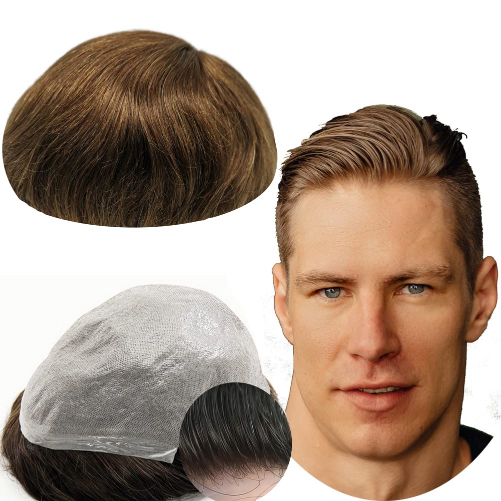 Toupee for Men Yanahair Straight Hair Pieces Mens Toupee Replacement System 100% European Real Human Hairpieces Hair System 0.04mm Soft Thin Skin PU V-loop (#4 Light Brown 8"x10")