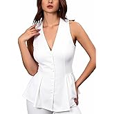 winkbay Women's Sleeveless Button Front Shirts Ruffle Hem Vest Solid Color Business Work Outfits