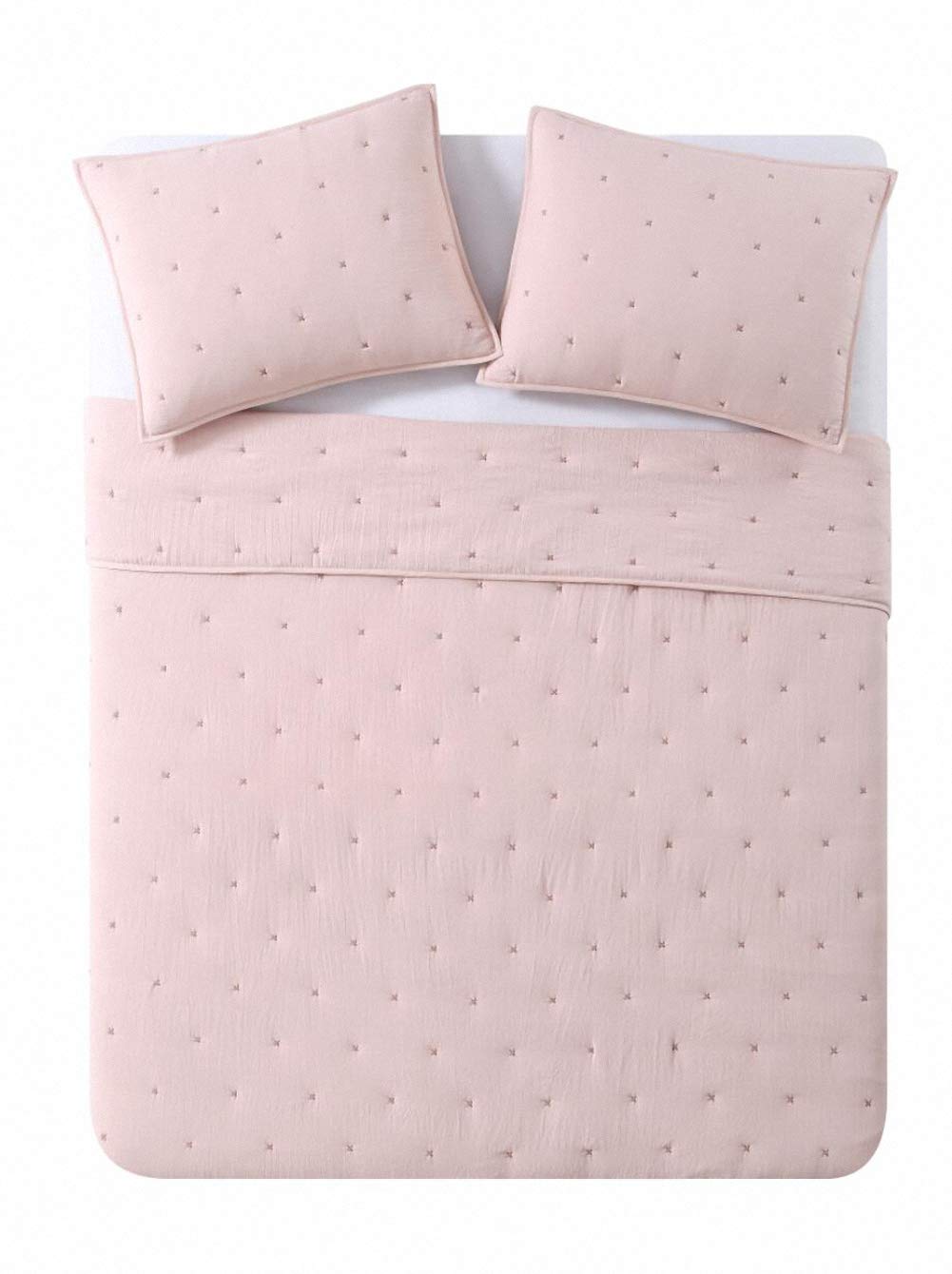 Bourina Reversible 3-Piece Full Quilt Set - Pre-Washed Microfiber Ultra Soft Lightweight Star Quilted Bedspread Full Coverlet Set, Flesh Pink