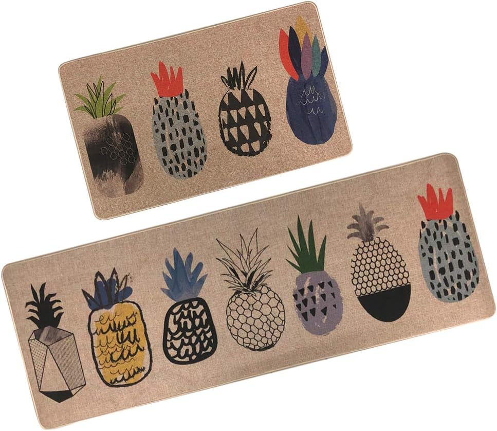 MOROTOLE Kitchen Rugs,GABWE 2 Piece Kitchen Rugs Comfort Vintage Microfiber Non-Slip Rubber Back Doormat mat Area Rug(18"X29"+18"X47" Pineapple)