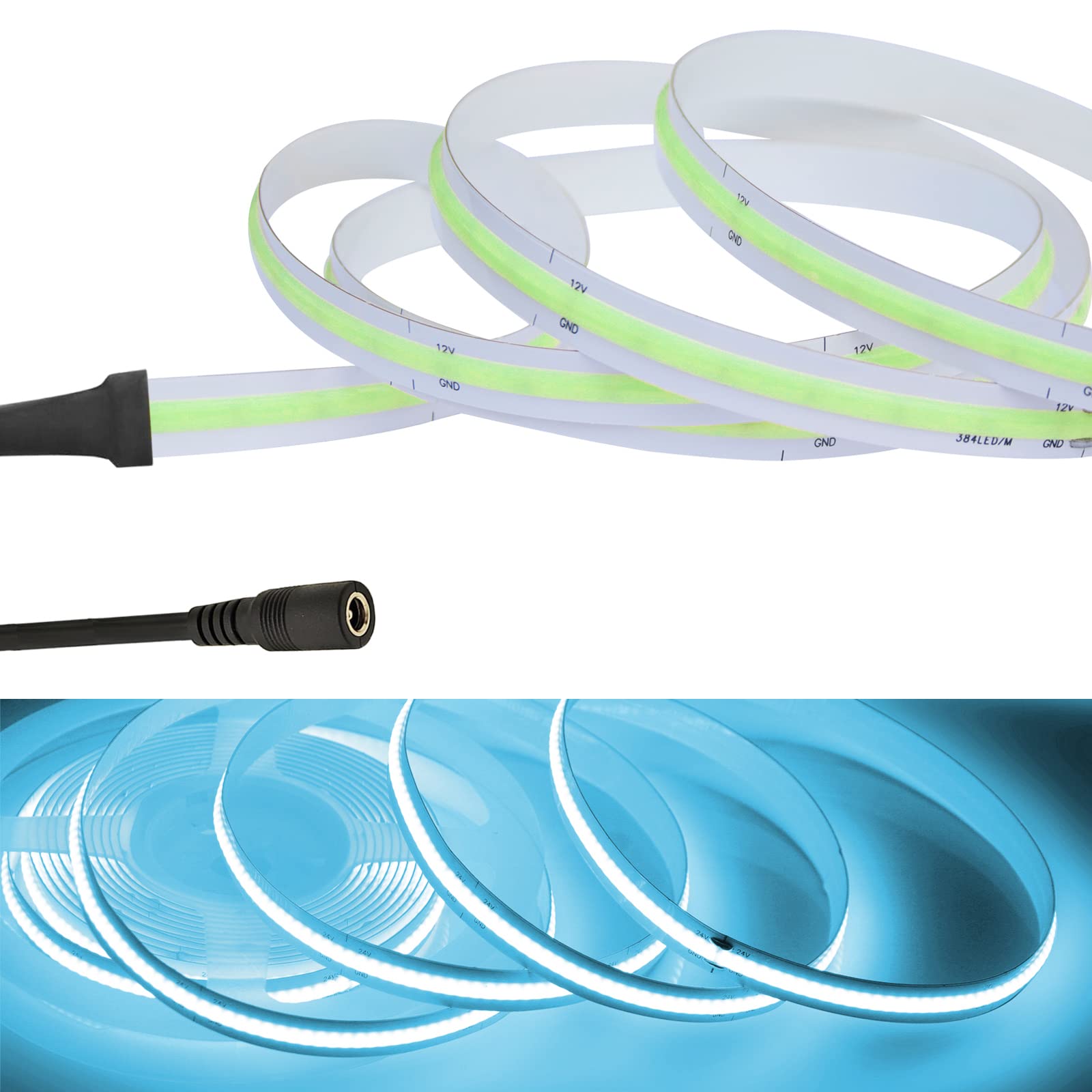 RYE 4M Lightblue DC12V COB LED Strip Light,320 LEDs/M,0.5~5M Rope/Tape Light DIY as TV Backlight,Kitchen Under Counter/Cabinet/Wardrobe/Cupboard/Stairs Step Light,Power Supply Excluded.