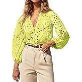Tankaneo Womens Deep V Neck Eyelet Blouses 3/4 Balloon Sleeve Button Down Hollow Out Fall Shirts Yellow