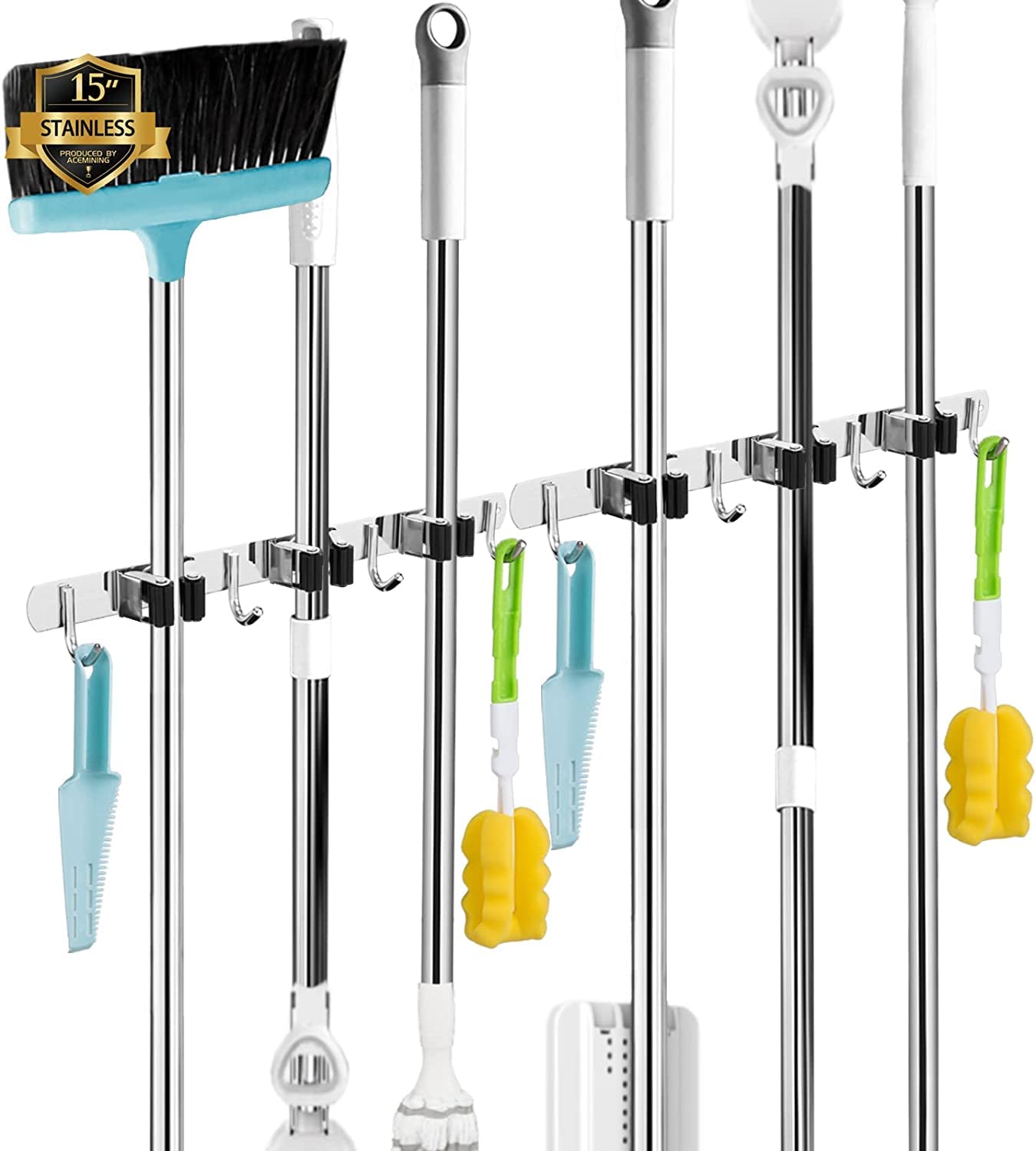 2 Pack 3 Racks and 4 Hooks Broom and Mop Holder