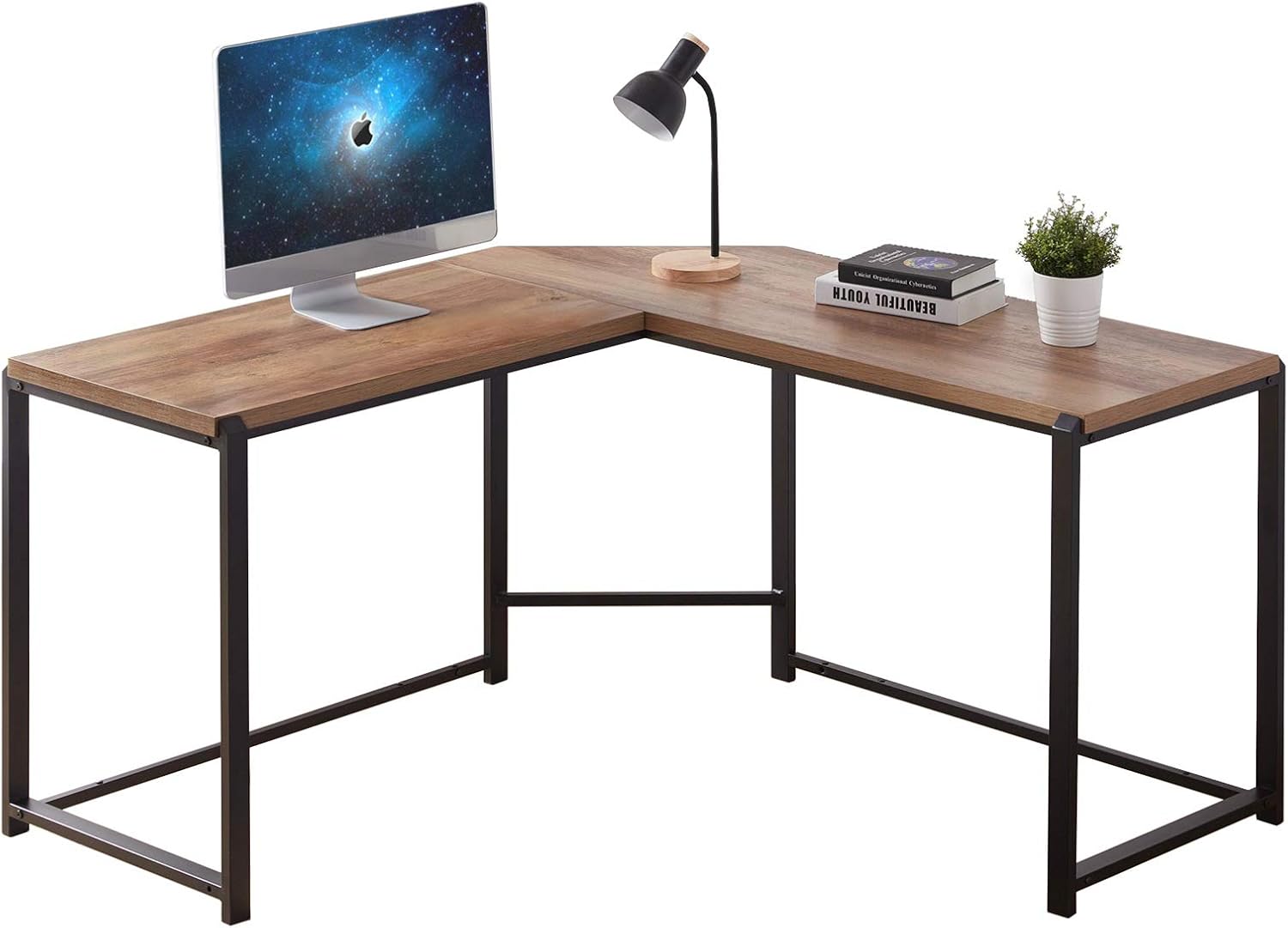FOLUBAN L Shaped Computer Desk, Wood and Metal Corner Desk for Home Office, Industrial Study Writing Table, Oak 55 x 55 inch