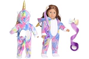 sweet dolly 18 Inch Doll Clothes Unicorn Onesie Pajamas Rainbow Color Hair Bow Clips Costume Fits 18 Inch Doll (Doll Not Included) (Purple)
