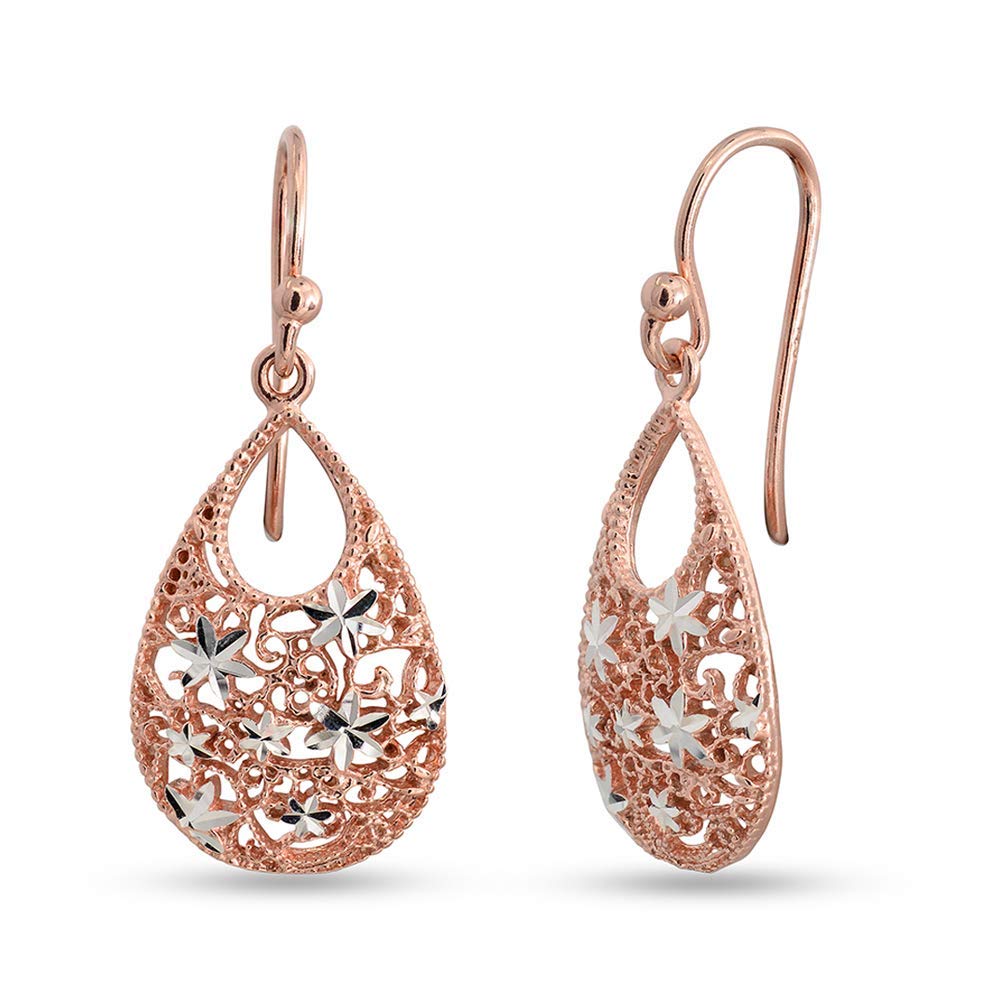 LeCalla Sterling Silver Jewelry Turkish Tear-Drop Rose-Gold Plated Diamond-Cut Earrings for Teen Women — image 1