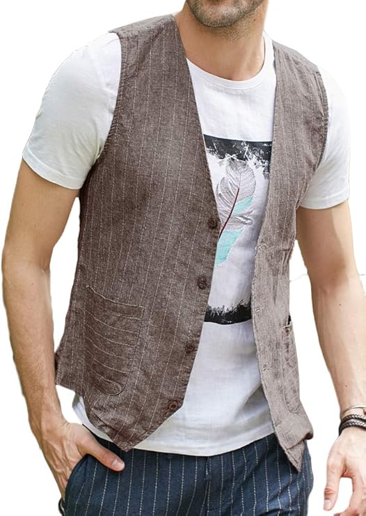 Taoliyuan Mens Linen Suit Vest Slim Fit Casual Striped Skinny Fullback V Neck Waistcoat with