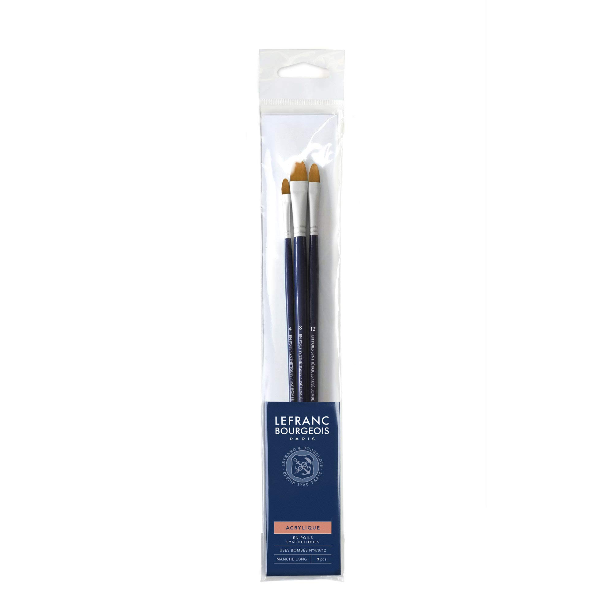Lefranc & Bourgeois 300242 Filbert Brush - No. 4/8/12, Long Handle, 3 Filbert Brushes